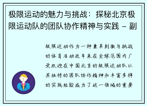 极限运动的魅力与挑战:探秘北京极限运动队的团队协作精神与实践 - 副本